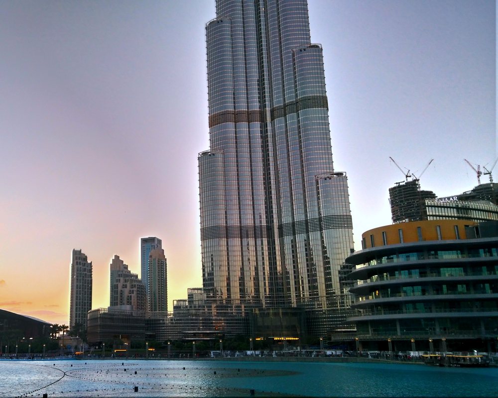 The Burj Khalifa at dusk above Downtown Dubai
